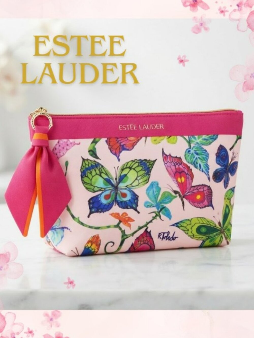 Brand New Estée Lauder Top Zip Cosmetic Case With Bow-tie And Butterfly Print